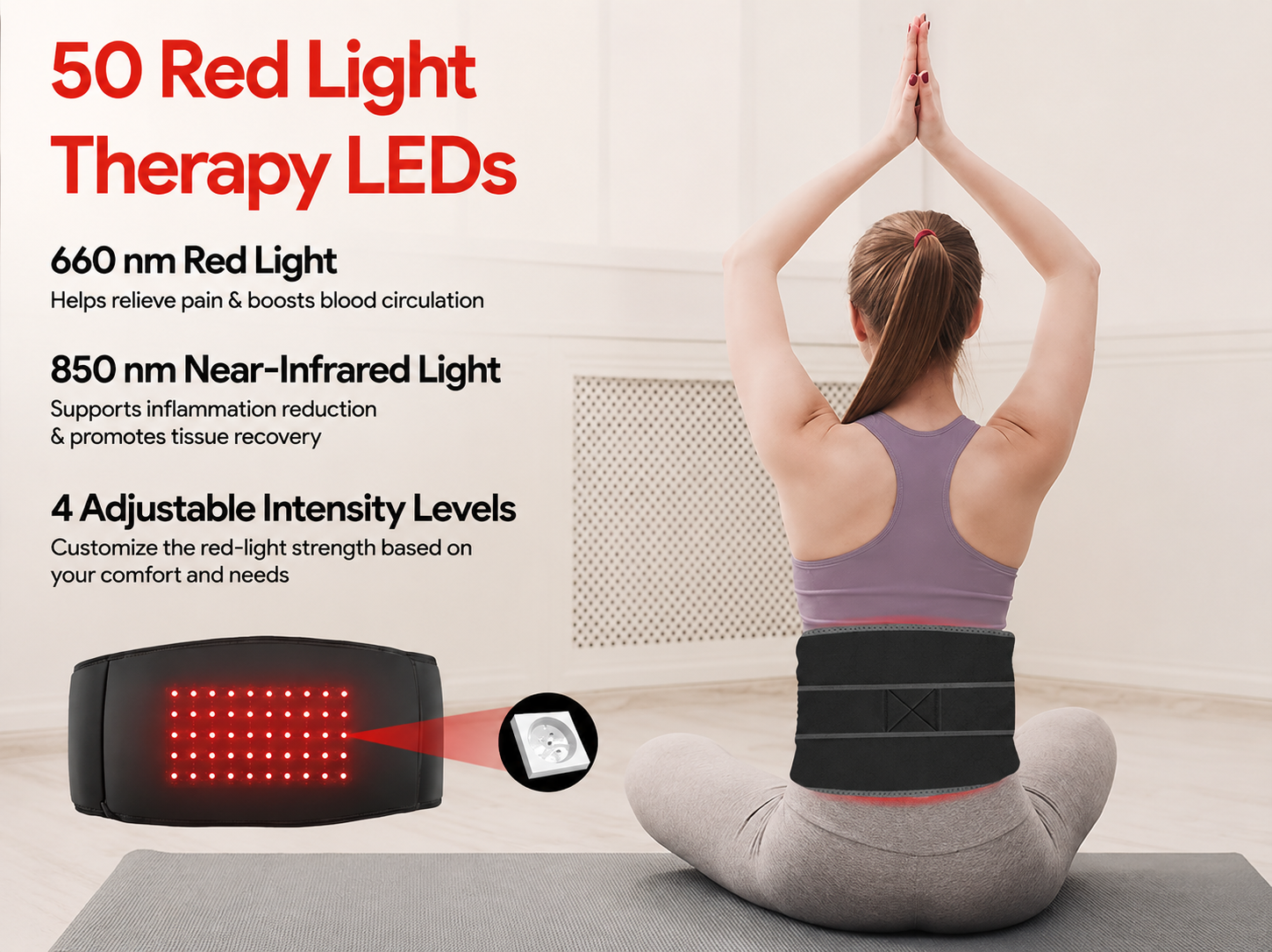Illustration of the belt's 50 red light therapy LEDs on the wearer's back