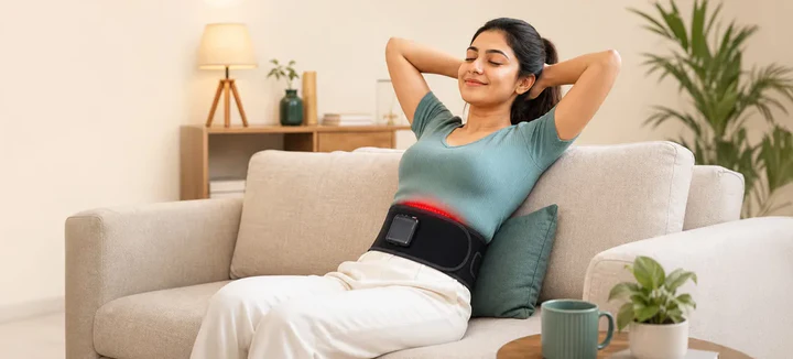 A woman sitting on a sofa at home wearing the belt during quiet time