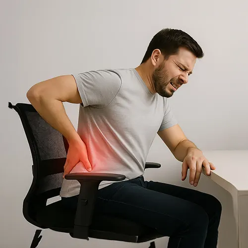 A man at a desk pressing his lower back after long hours of sitting