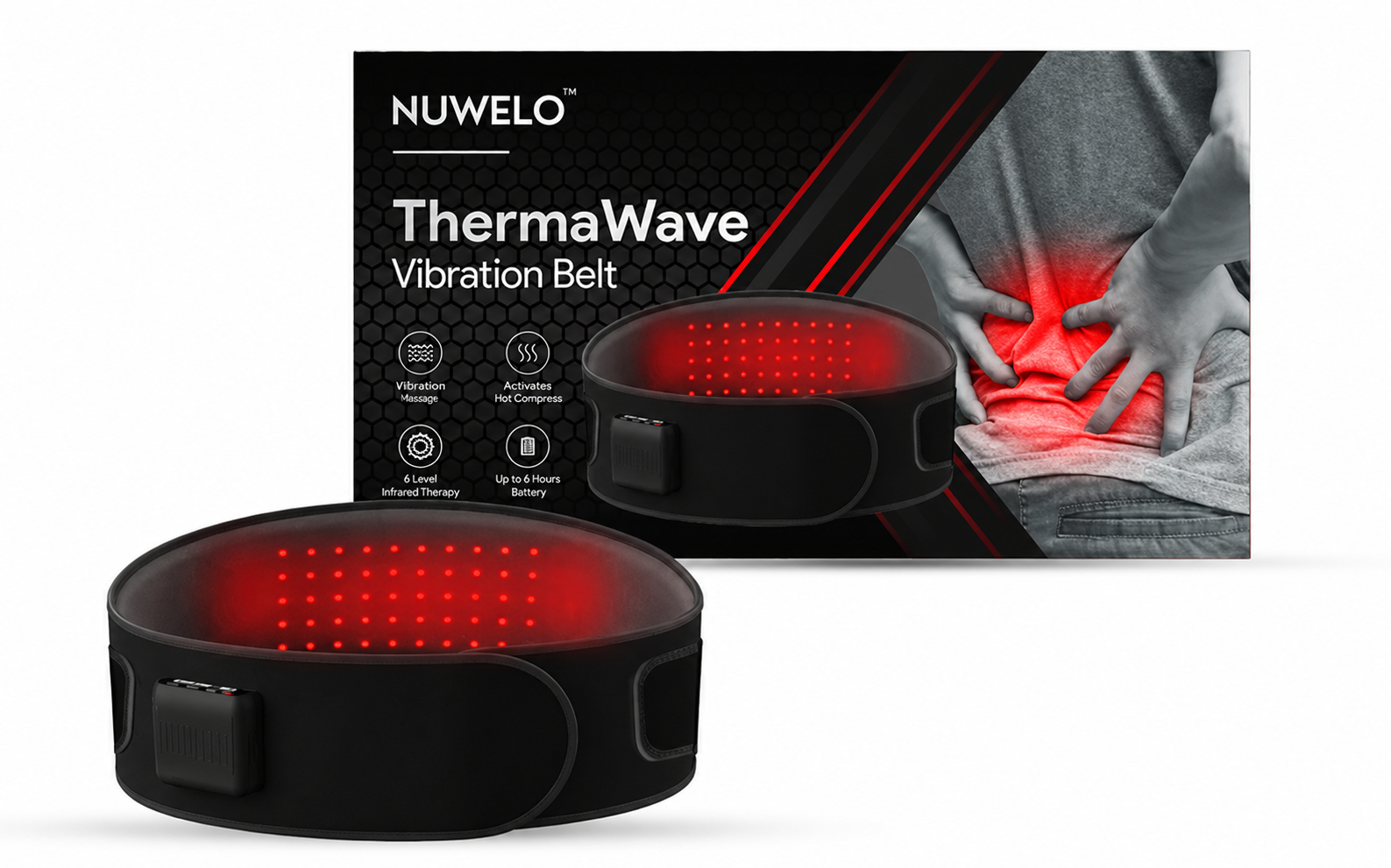 Nuwelo ThermaWave Vibration Belt with packaging and product view