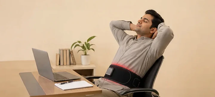 A man reclining in his office chair wearing the belt after a long workday